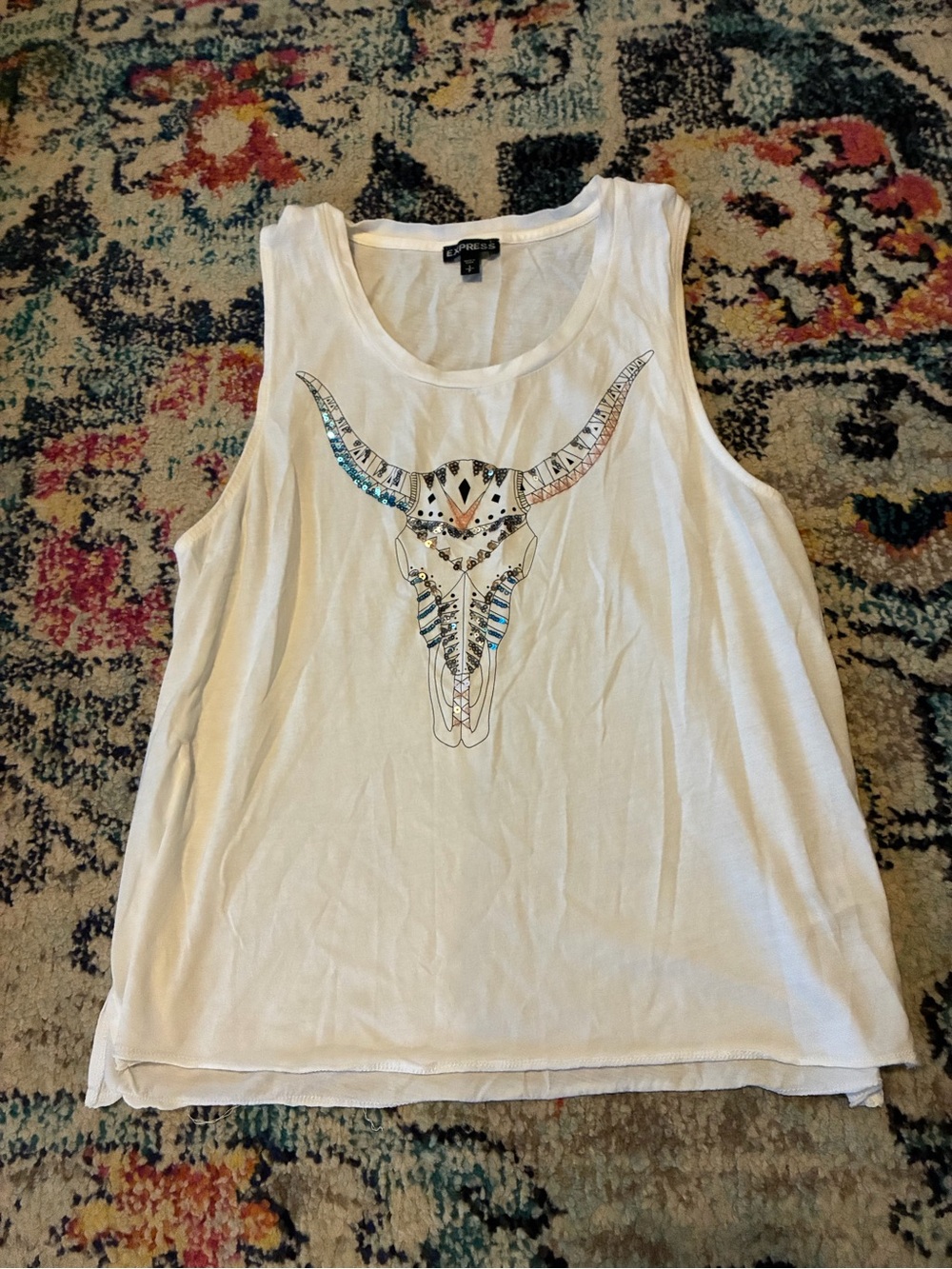 Express White Tank Top with Southwestern Bull Skull Graphic